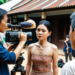 ** Ueno Juri confidently directing on set. Thai film crew surrounds her, respecting her vision. Bright, positive atmosphere. Focus on collaboration and her modern, approachable style.

**