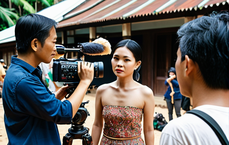 ** Ueno Juri confidently directing on set. Thai film crew surrounds her, respecting her vision. Bright, positive atmosphere. Focus on collaboration and her modern, approachable style.

**
